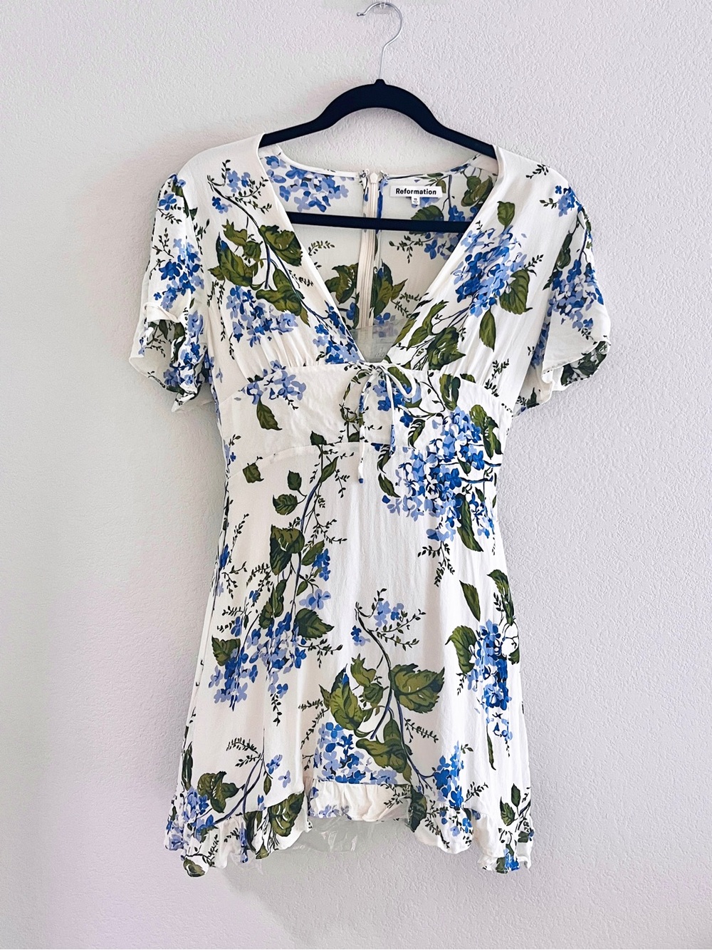 Reformation Cream Mini Dress with Blue Floral Print